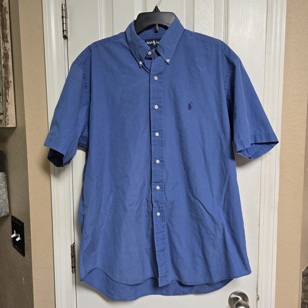 Ralph Lauren Blake Shirt Mens L Blue Short Sleeve Button Down Pony 2 Ply Cotton